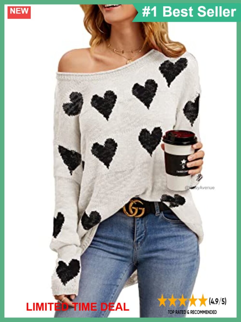 Womens Oversized Off The Shoulder Heart Print Knit Pullover Sweater